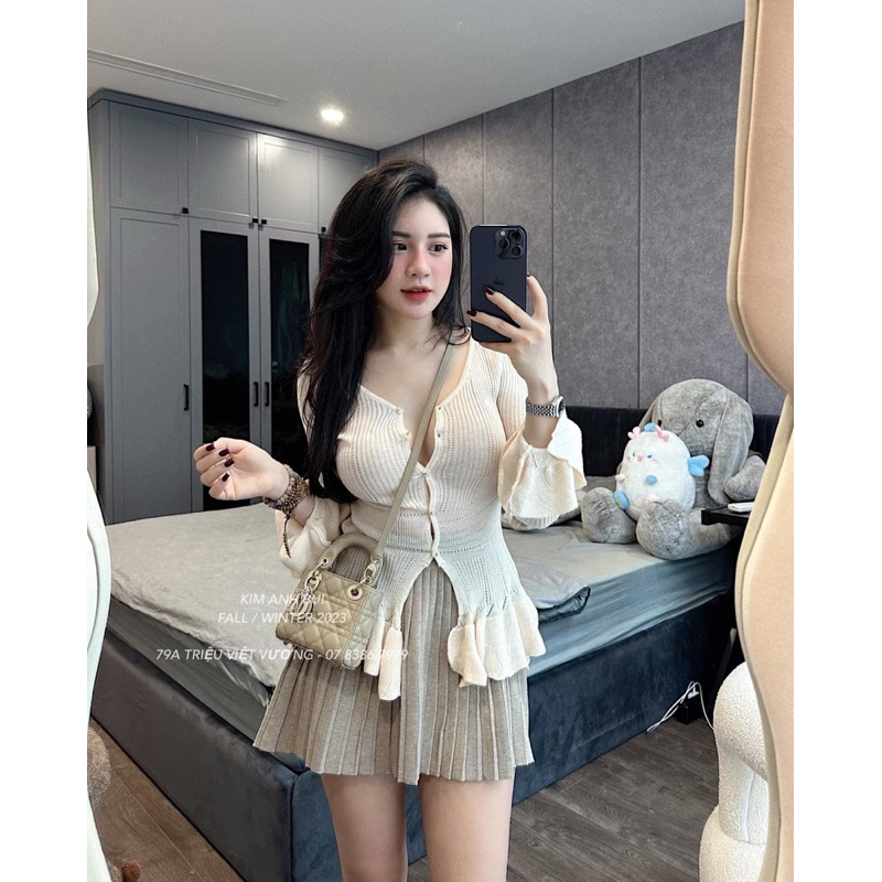 Set áo len be mix chân váy len be QCl1 chuẩn Khánh Lê
