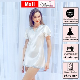Đầm ngủ lụa WANNABE DNS08 váy ngủ có tay cổ tim phối ren hoa nữ tính nhẹ nhàng chăm sóc giấc ngủ