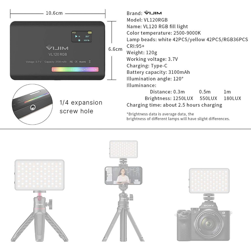 ULANZI VL120 RGB (2500-9000K) - Đèn LED đổi màu RGB | 20 hiệu ứng | Pin Lithium 3100mAh | BigBuy360 - bigbuy360.vn