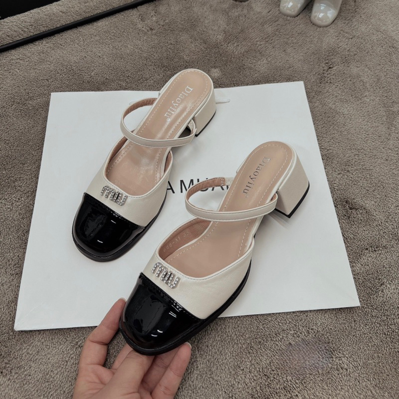 Giày sục gót vuông 5p Miu da siêu mềm 666-A1