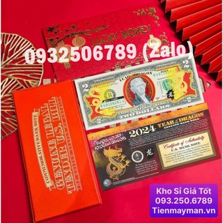 Tờ 2 usd mạ vàng hình con rồng màu 2024 mỹ, tiền lì xì hình con rồng - quà tết 2024