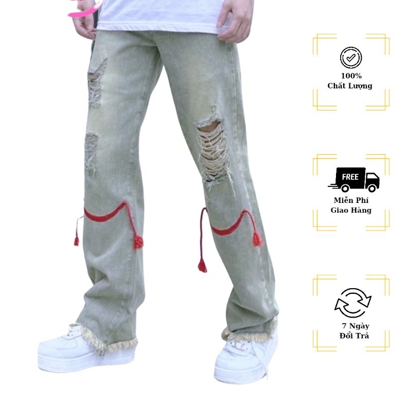Quần Jean Nam Form Suông Ống Đứng Màu Bạc Rêu Thêu Dây Đỏ Phong Cách ( M31)