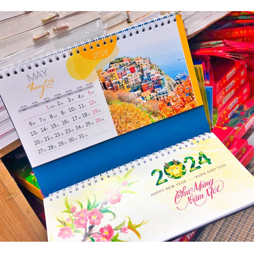 Lịch để bàn đế giấy chữ M có dải note ghi chú ngày, tuần, đủ ngày âm dương năm 2024 Giáp Thìn