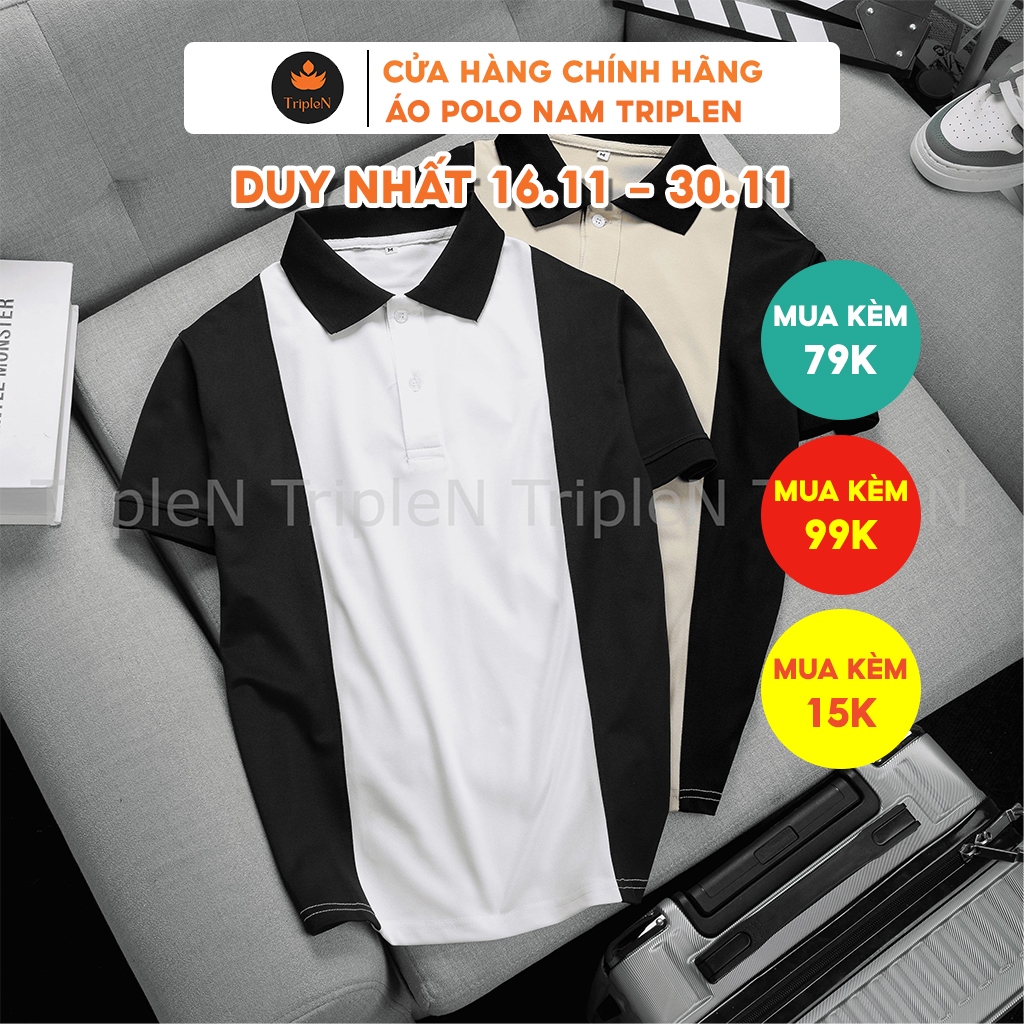 Áo thun nam polo có cổ TripleN tay ngắn vải cá sấu cotton co giãn 4 chiều cao cấp, phối tay trẻ trung, thời trang