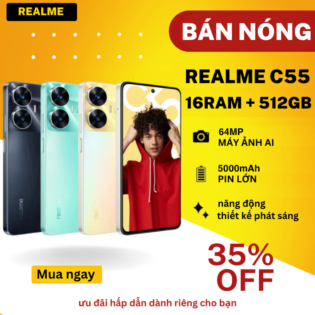 Realme C55 512GB ROM + 16GB RAM Có chức năng Facelock 6.72 MÀN HÌNH IPS LCD * Điện thoại thông minh nhập khẩu mới *