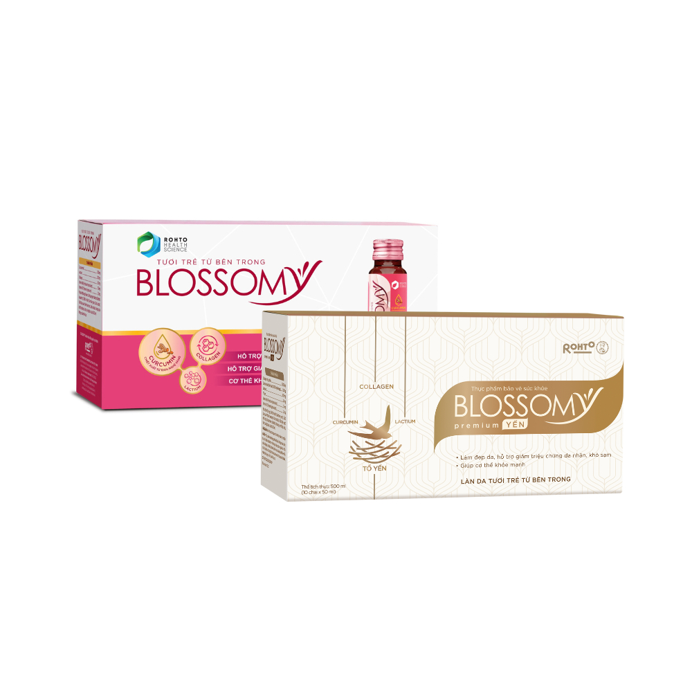 [VB] Bộ 2 hộp thực phẩm uống collagen giúp sáng đẹp da, hỗ trợ ngủ ngon Blossomy Premium Tổ Yến + Blossomy Curcumin