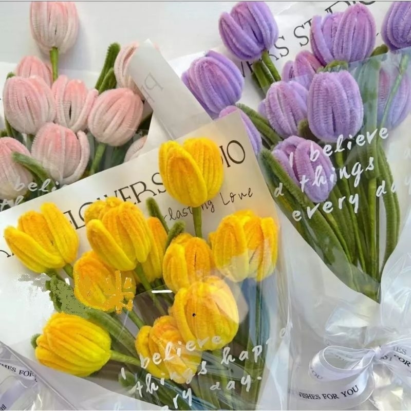 Set nguyên liệu làm hoa tulip bằng dây kẽm nhung, nguyên liệu làm hoa handmade siêu xinh ai cũng làm được