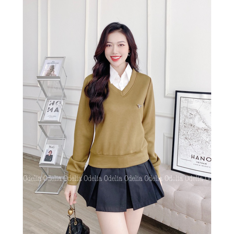 Áo nỉ cổ mix sơ mi Odelia, kèm tag - A7313
