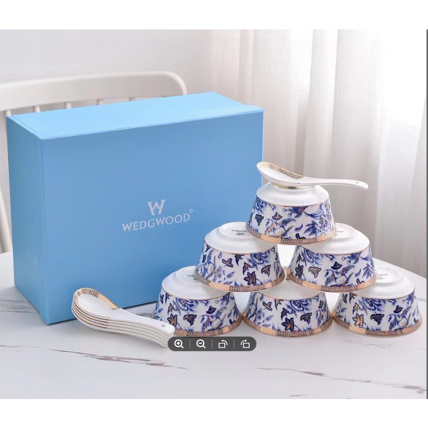 Bộ 6 chén sup và muỗng gốm sứ Wedgwood Hibiscus - WEDGWOOD Hibiscus Blue Soup Cereal Bowl 5.6" and spoon Set of 6