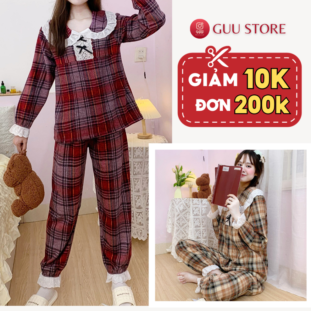 Đồ bộ ngủ nữ pijama mặc nhà tiểu thư tay dài mùa đông phối ren phong cách Hàn Quốc BDTD05 - Guu Store