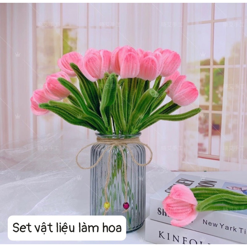 Set nguyên liệu làm hoa tulip bằng dây kẽm nhung, nguyên liệu làm hoa handmade siêu xinh ai cũng làm được