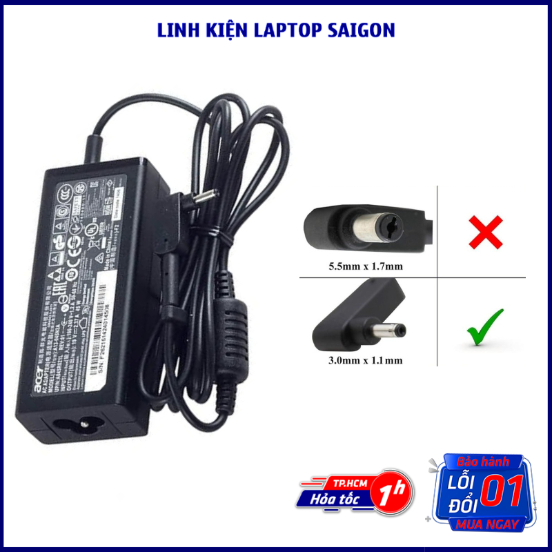Sạc Laptop Acer ZIN 2.37A 3.42A Đầu nhỏ 3.0 x 1.1mm Sạc máy tính Acer Sạc Acer 19V 2.37A 3.42A bảo hành 12 tháng