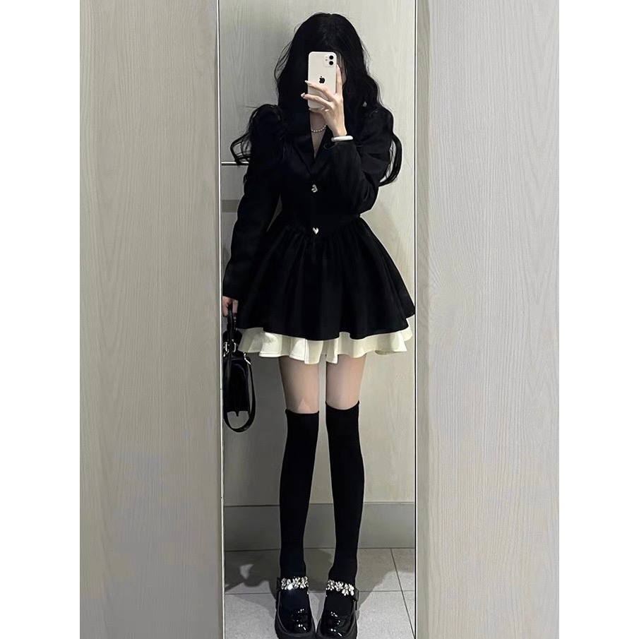 Váy đen phối trắng cổ vest YIMI Váy nữ tiểu thư
