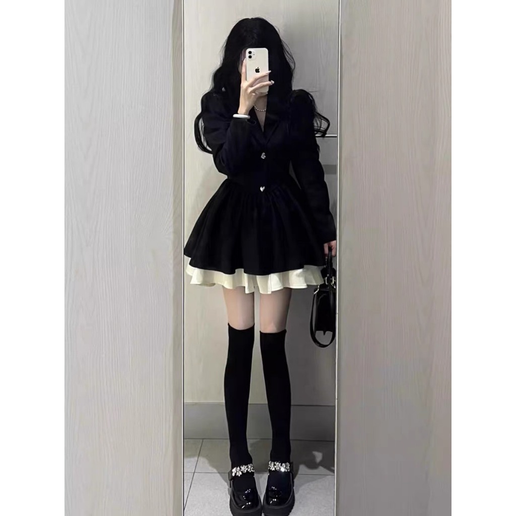 Váy đen phối trắng cổ vest YIMI Váy nữ tiểu thư