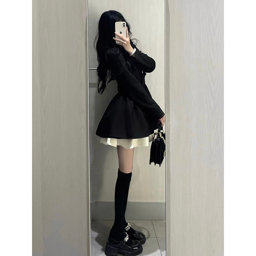 Váy đen phối trắng cổ vest YIMI Váy nữ tiểu thư