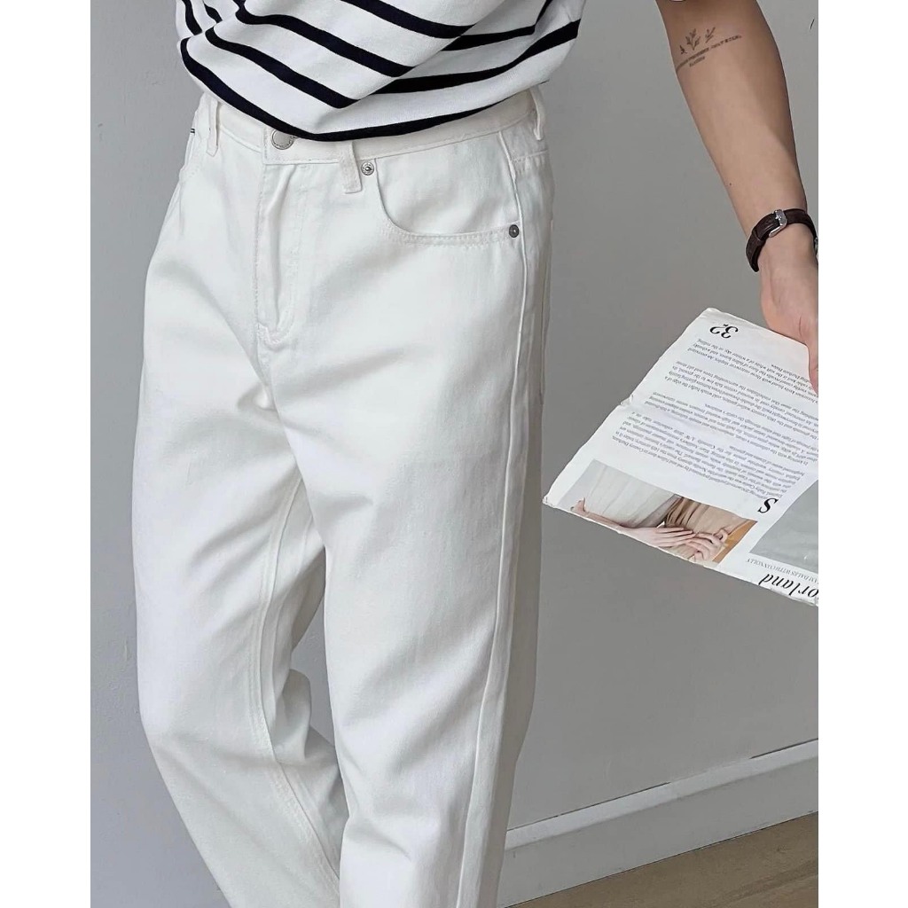 Quần Jean White Denim Unisex, Quần Jean Trắng Nam Nữ Ống Suông Rộng Hem Fashion
