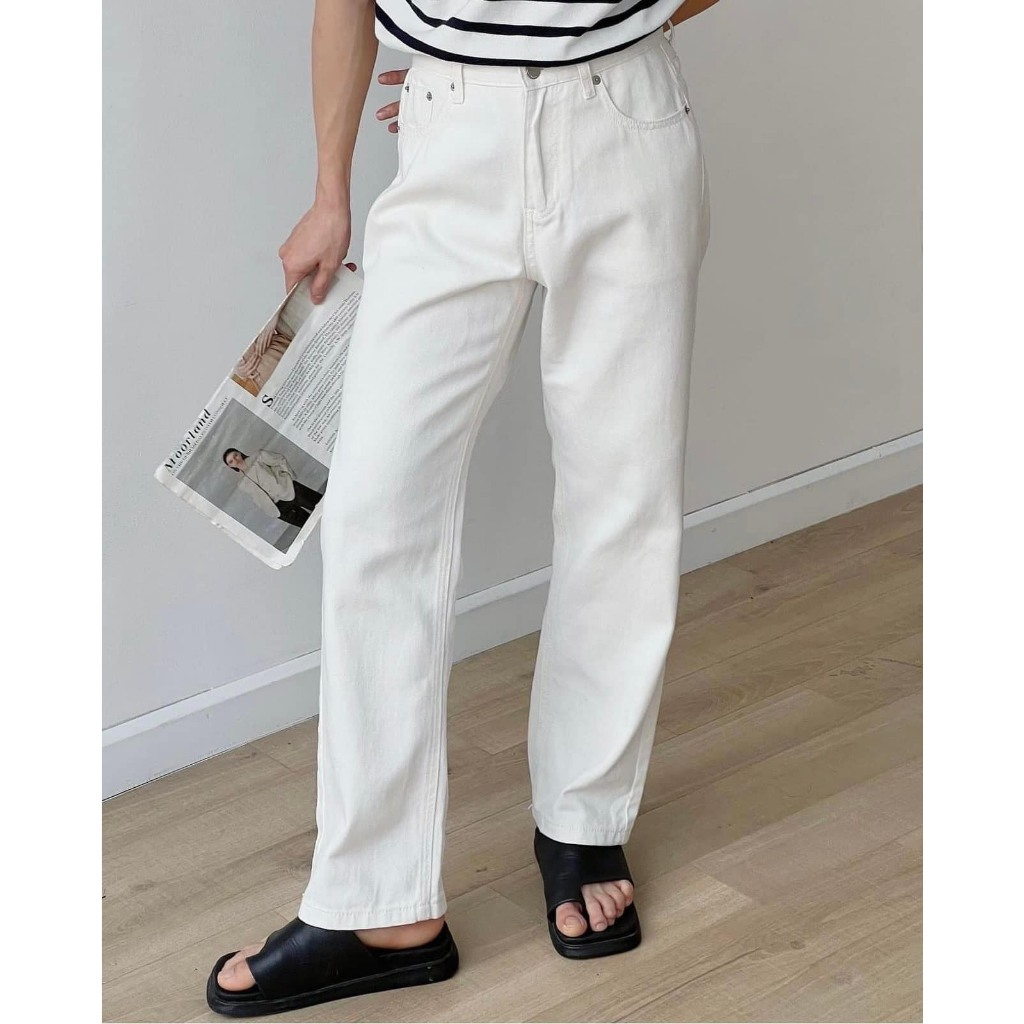 Quần Jean White Denim Unisex, Quần Jean Trắng Nam Nữ Ống Suông Rộng Hem Fashion