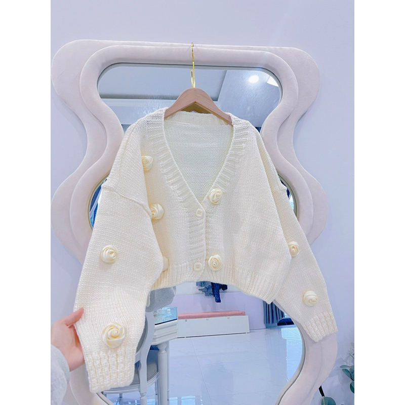 Áo khoác Cardigan len croptop đính hoa nổi