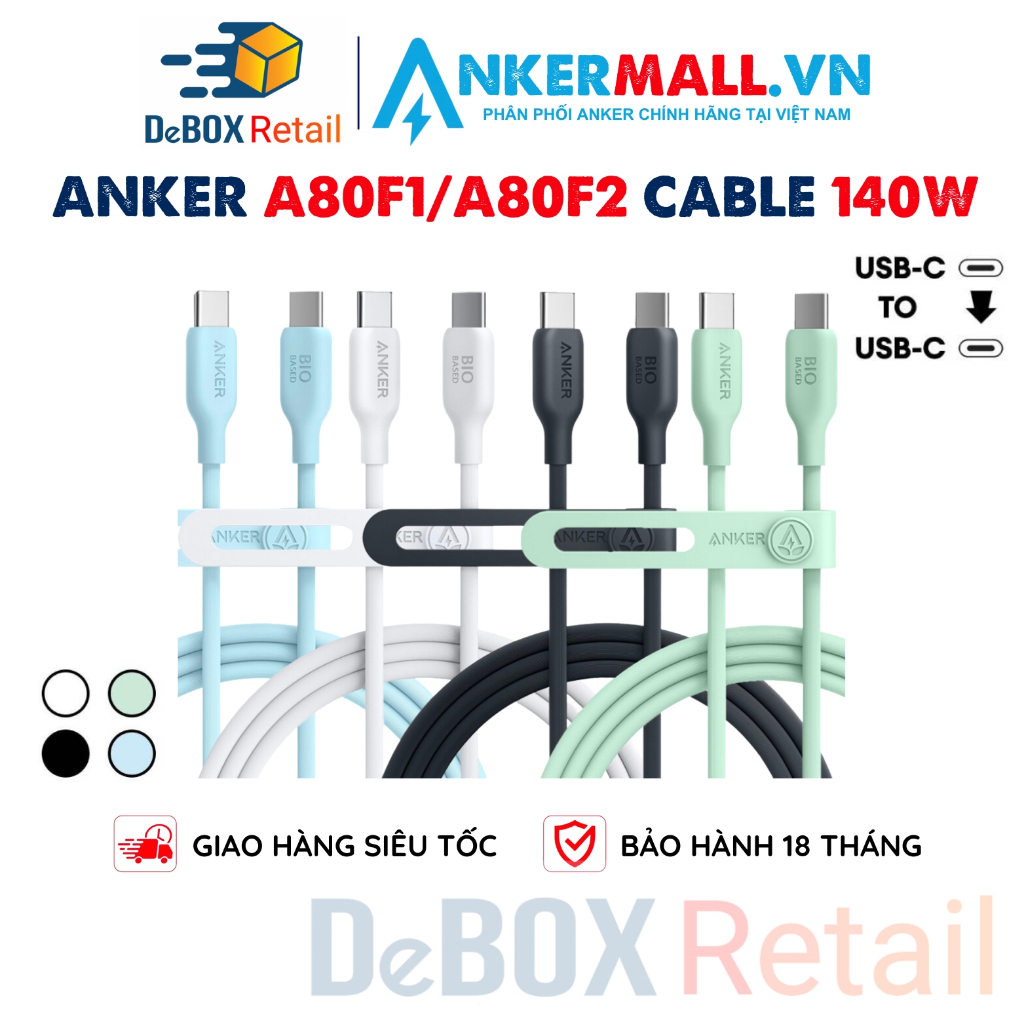 Cáp sạc nhanh ANKER 544 A80F1/A80F2 USB-C to USB-C 140W chất liệu Bio-Based Material dài 3ft 0,9m/6ft 1,8m - Chính hãng