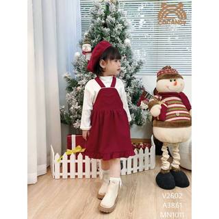 Set đồ cho bé -Áo be cổ bèo thêu thỏ dài tay và váy yếm nhung đỏ của COCANDY mã AB105270, Y104C