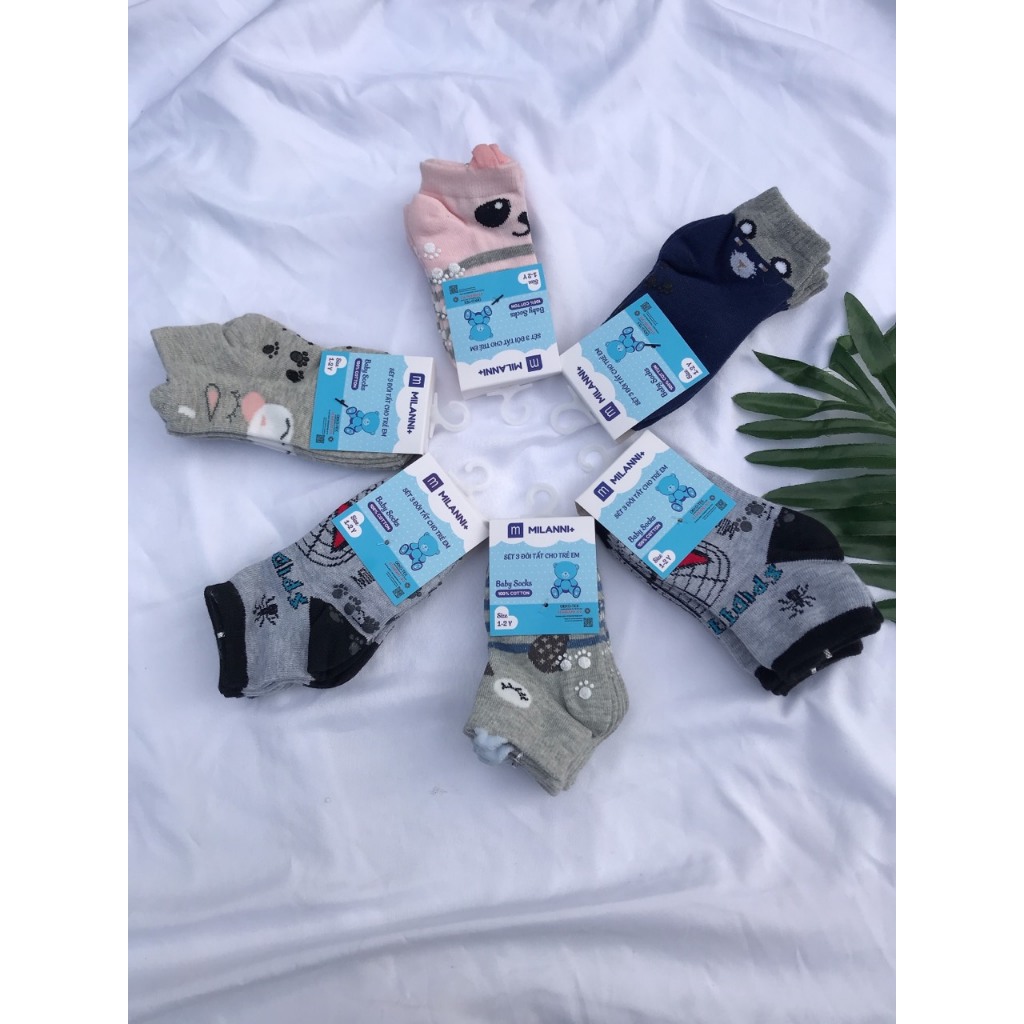 Set 3 đôi tất chống trượt size 1-2y  Milanni mềm mịn ấm không xổ lông cho bé lunankidsbaby