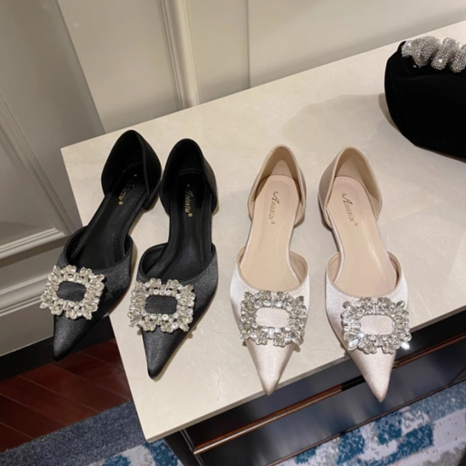 Giày Búp Bê Nữ Thời Trang Vải Satin Đính Kim Cương Giả Vuông Khóa Mũi Nhọn Mũi Dài Gót Bằng