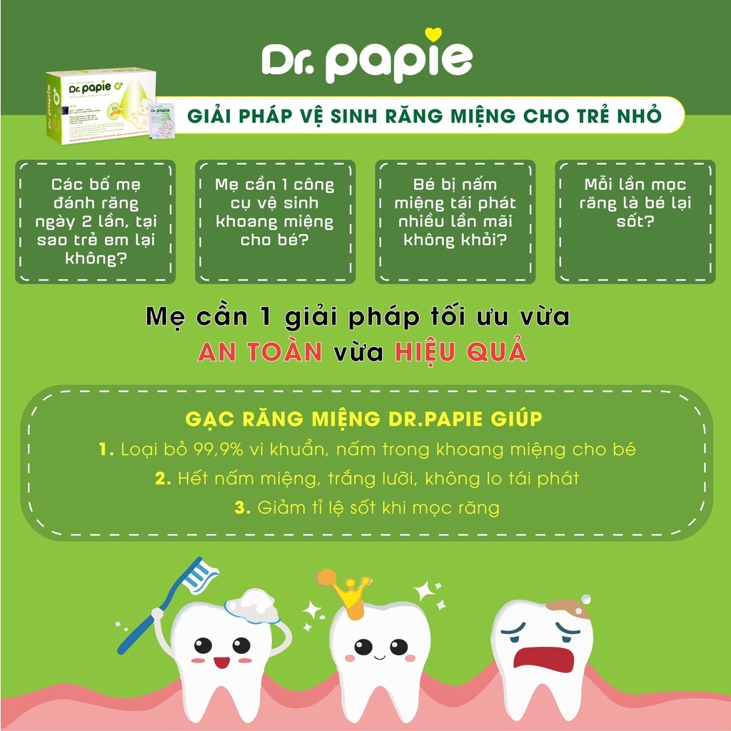Gạc rơ lưỡi cho bé Dr.Papie hộp 10 gói, tưa lưỡi vệ sinh răng miệng trẻ em - Monnie Kids