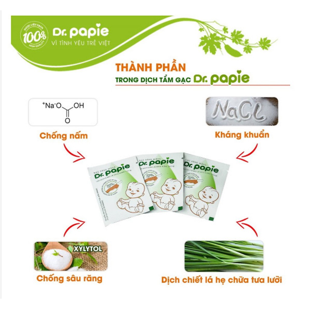 Gạc rơ lưỡi cho bé Dr.Papie hộp 10 gói, tưa lưỡi vệ sinh răng miệng trẻ em - Monnie Kids