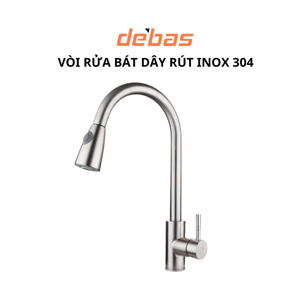 Vòi rửa chén bát dây rút nóng lạnh inox 304 hàng đúc nặng cao cấp tặng dây cấp inox Debas V7212 INOX