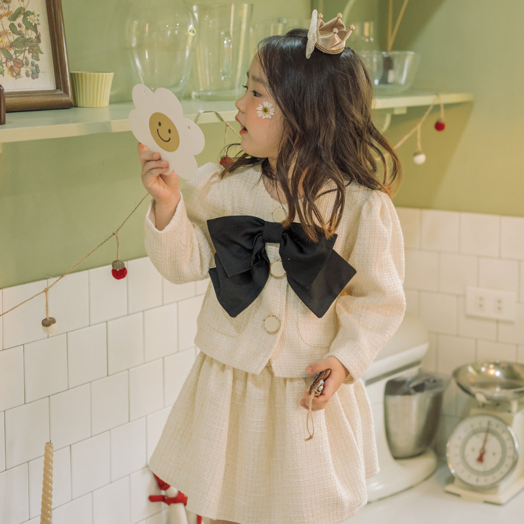 Set xinh cho bé gái Sora.bébé Lovely Tweet Set chất liệu dạ tweet lót lụa phối nơ to bản xinh xắn điệu đà