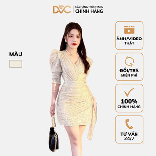 Váy nữ dự tiệc sang chảnh, váy kim sa thiết kế body cổ v tay bồng dvc fashion v3313