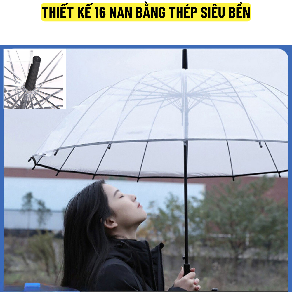 Dù trong suốt 16 nan thép, bấm nút mở tự động Mingroup, Ô trong suốt che mưa cao cấp thời trang, bền cao - BH 6 tháng