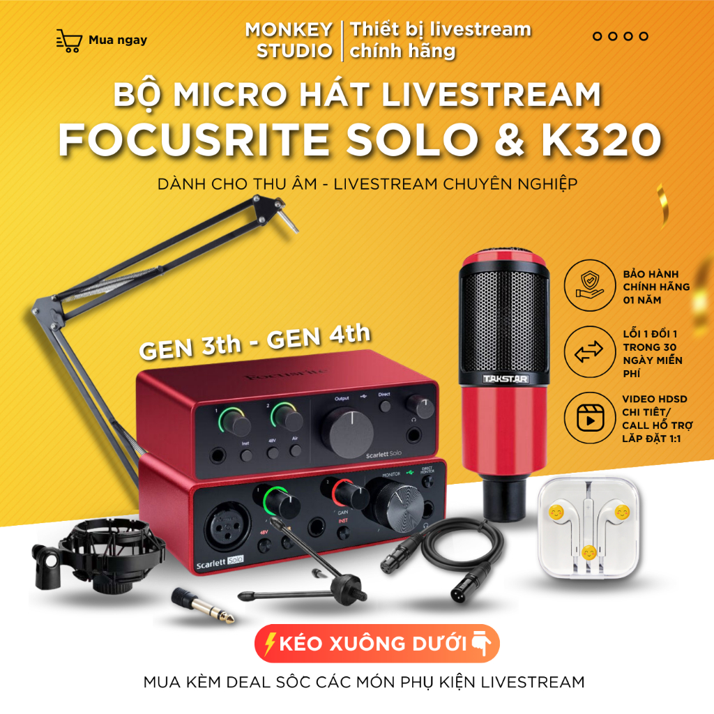 Mic Livestream | Micro thu âm Sound Card Focusrite Solo Gen 3, Gen 4 & Mic TAKSTAR PC K320 Hát Livestream Chuyên Nghiệp