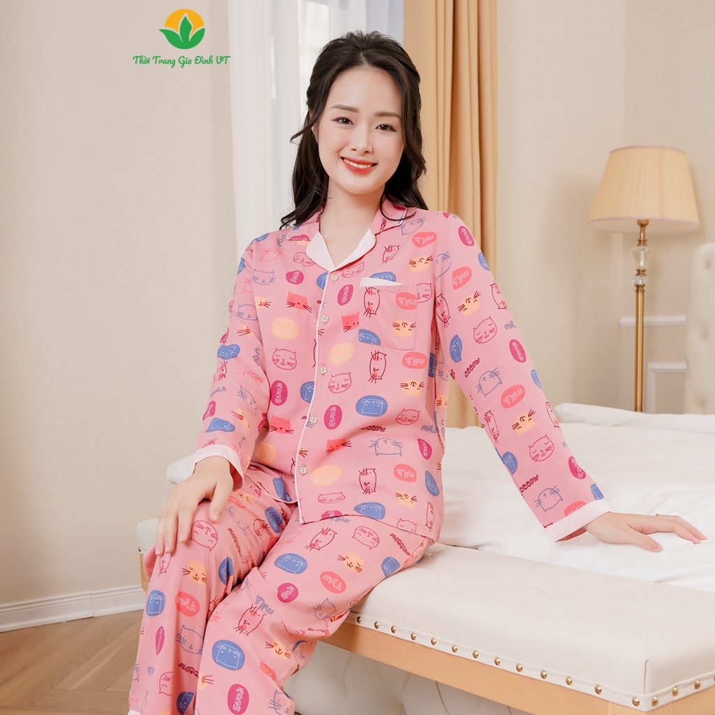 Đồ bộ mặc nhà Pijama nữ thời trang Việt Thắng chất lanh, quần dài, áo dài tay họa tiết dễ thương - B10.2308