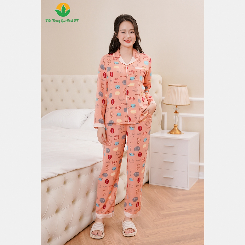 Đồ bộ mặc nhà Pijama nữ thời trang Việt Thắng chất lanh, quần dài, áo dài tay họa tiết dễ thương - B10.2308