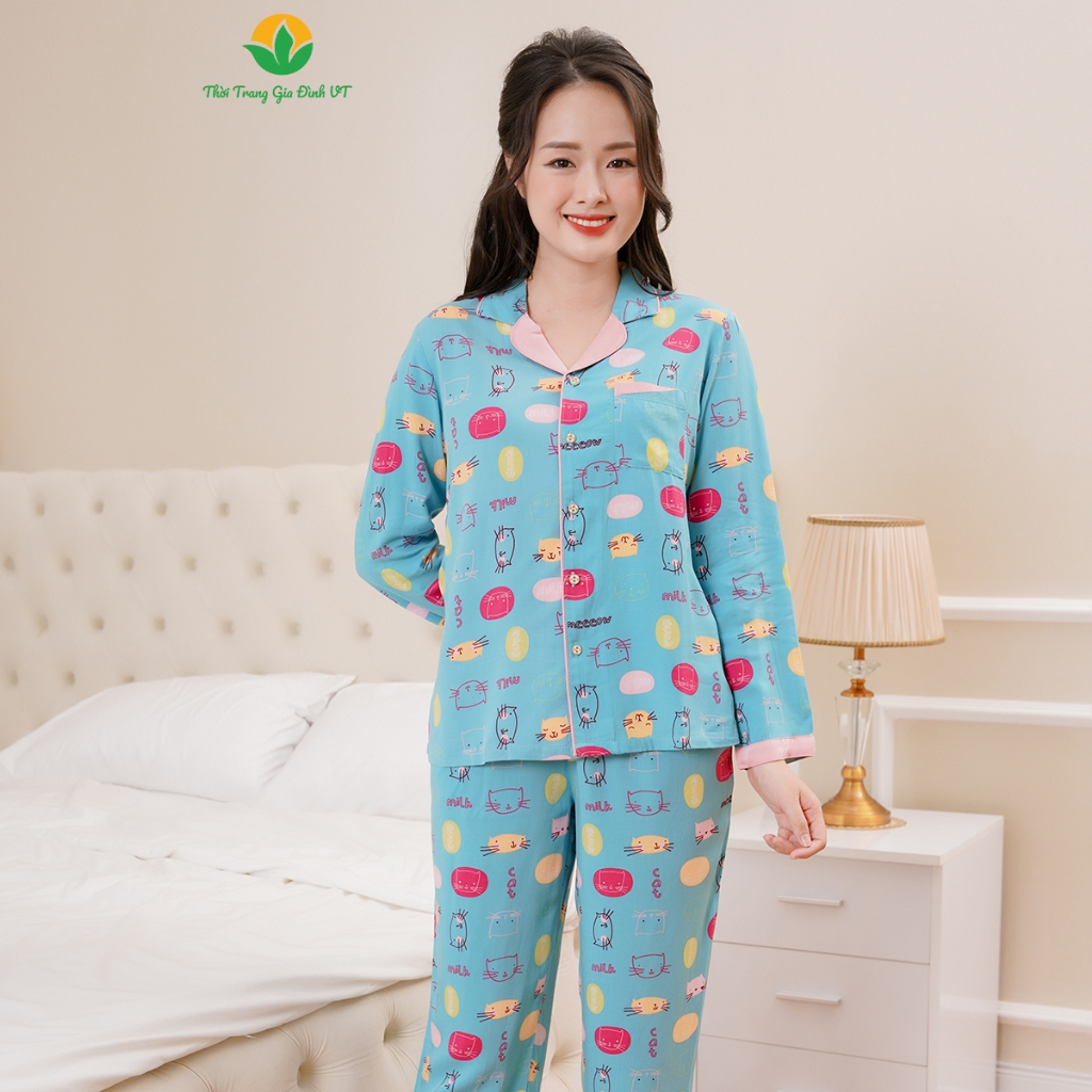 Đồ bộ mặc nhà Pijama nữ thời trang Việt Thắng chất lanh, quần dài, áo dài tay họa tiết dễ thương - B10.2308