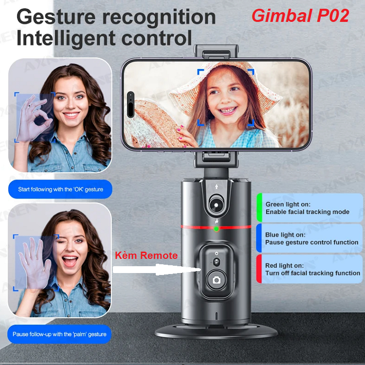 Gimbal P02 Kèm Remote, Quay 360 Độ, Selfie, Review, Livestream, Gymbal P01 AI Tặng Remote - Tự Động Nhận Diện Khuôn Mặt
