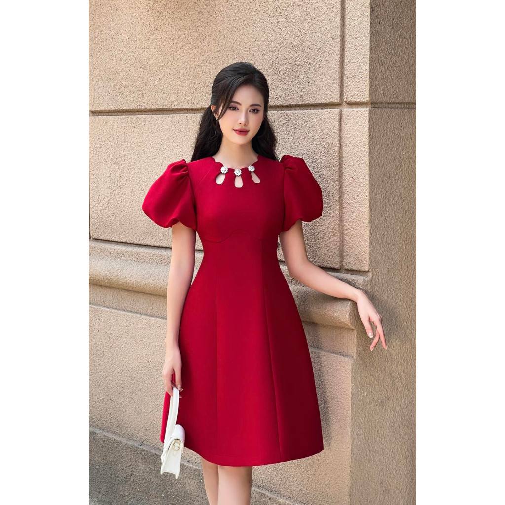 Váy chữ A tay bồng chéo Hàn cao cấp YAME DRESS DESIGN YV281 95cm đính cúc đá trang trí