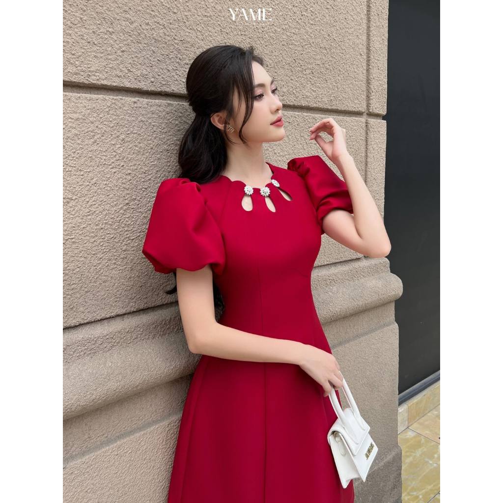 Váy chữ A tay bồng chéo Hàn cao cấp YAME DRESS DESIGN YV281 95cm đính cúc đá trang trí