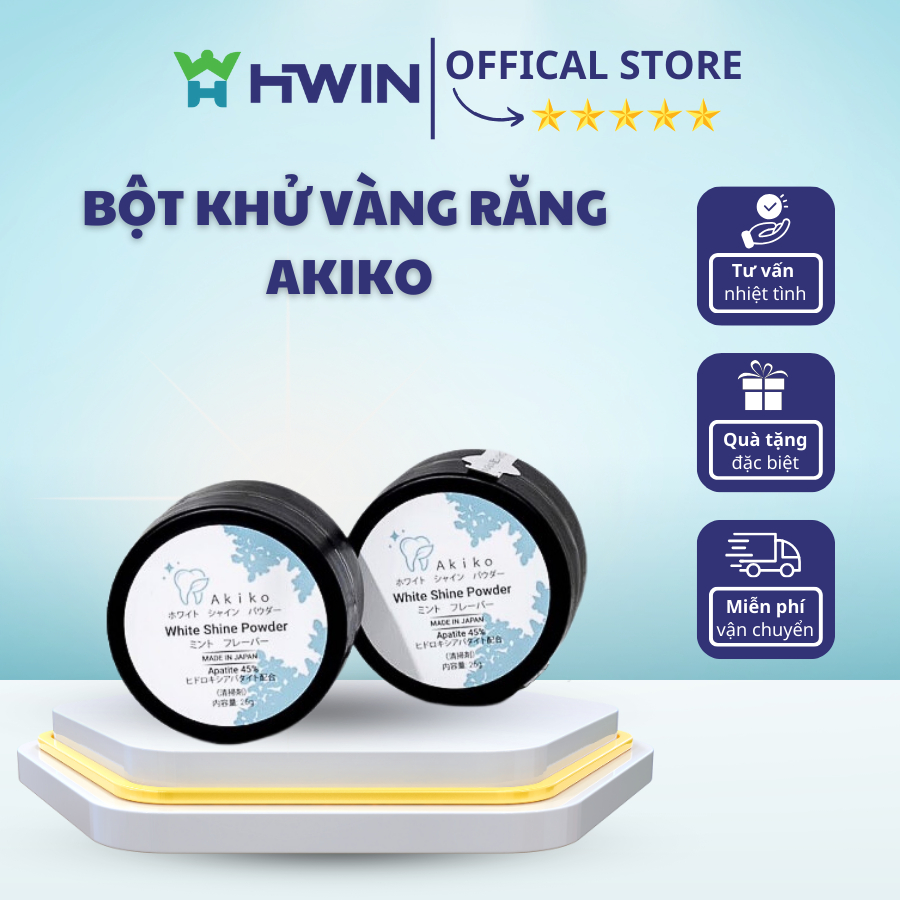 Bột khử vàng răng Akiko giúp làm trắng răng, ngừa sâu răng, mang lại hơi thở thơm mát