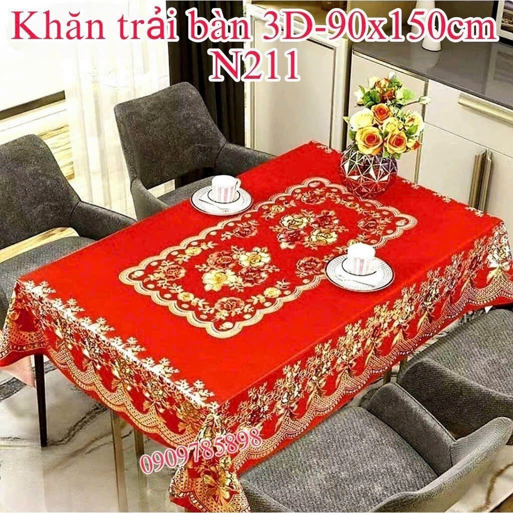 Khăn trải bàn 3D in nổi, 90cmx150cm, sang trọng không thấm nước, chống thấm dầu mỡ, dễ lau chùi, màu vàng kem và Đỏ