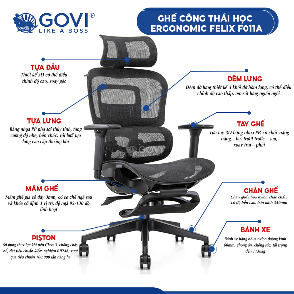 Ghế công thái học Ergonomic dòng Full lưới cao cấp đầy đủ tính năng, chính hãng GOVI bảo hành 2 năm