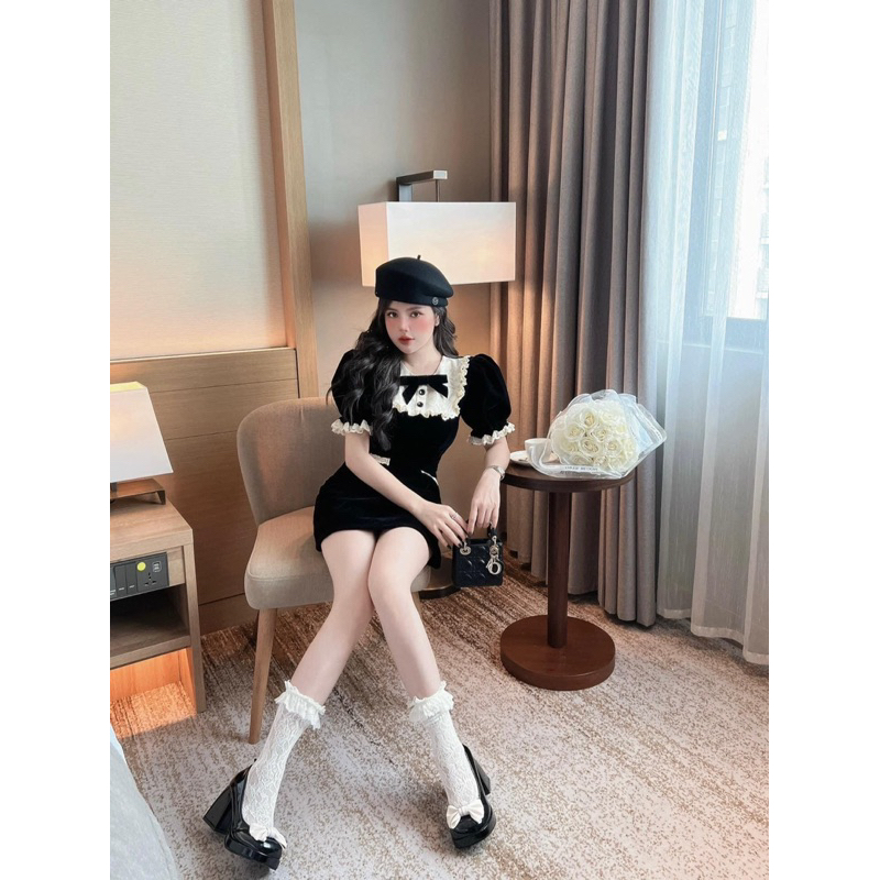 Váy Nhung Tay Bồng Phối Ren Nơ Ngực Tiểu Thư