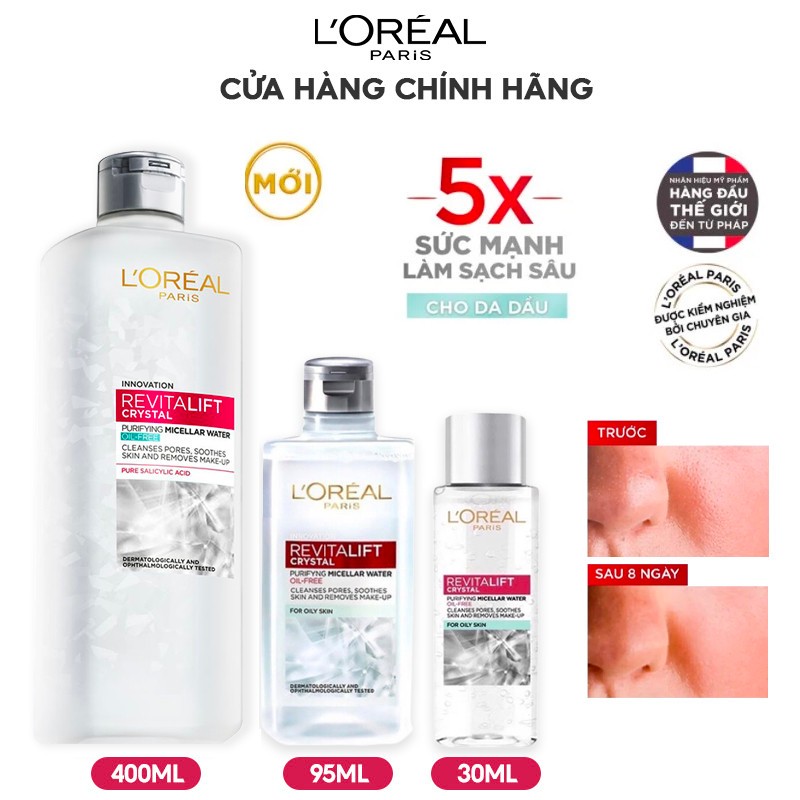 [L'OREAL PARIS] Nước Tẩy Trang Làm Sạch Chuyên Sâu Cho Da Dầu Revitalift Crystal Purifying Micellar Water 95ml