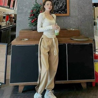 Quần baggy nữ cạp cao, phối kẻ sọc 2 bên, chất liệu nỉ cao cấp dày dặn ấm áp mùa đông