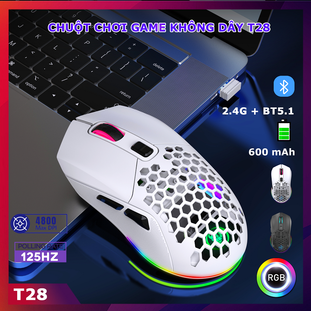 Chuột Gaming Không Dây T28 - Bluetooth 5.1 và Wireless 2.4G Chống Ồn LED RGB đa chế độ chơi game chuyên laptop