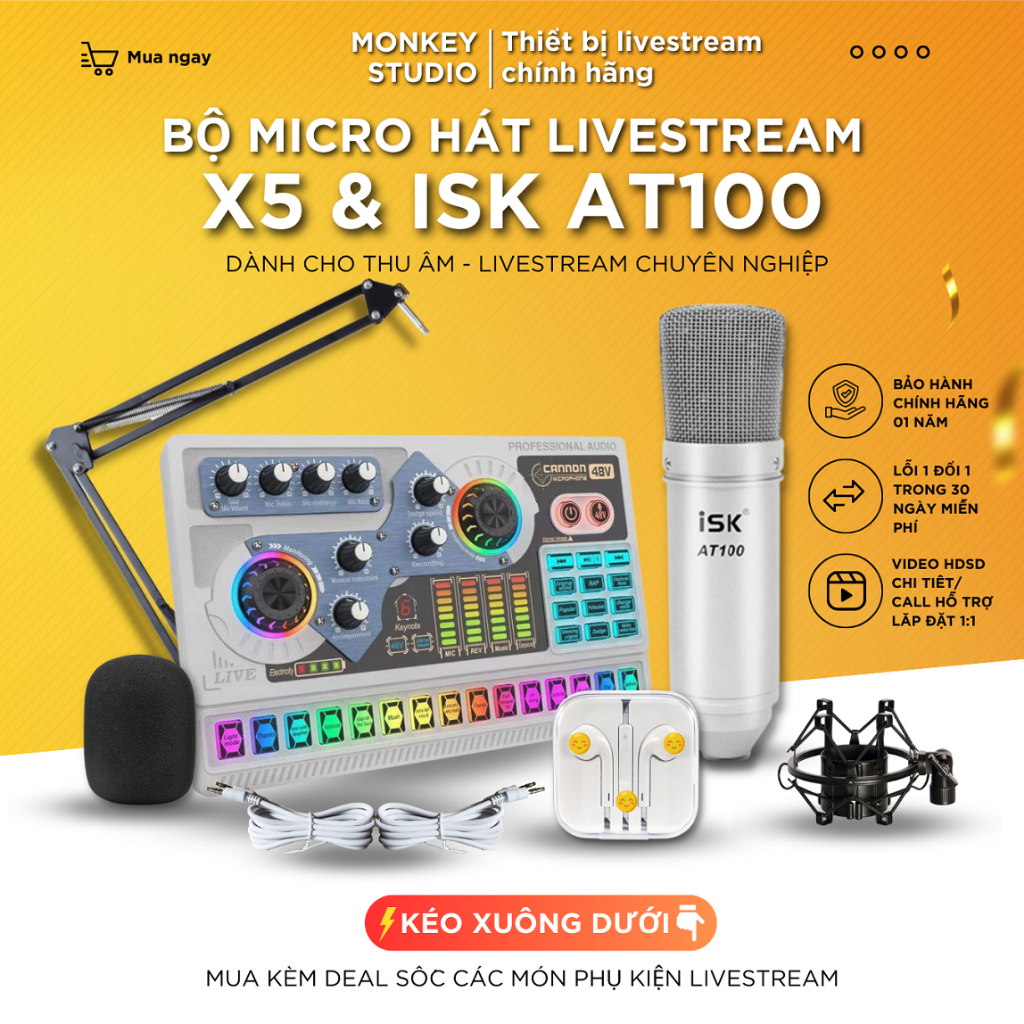 Mic Thu Âm | Micro Livestream Sound Card X5 & Mic ISK AT100 Hát Livestream Điện Thoại Chuyên Nghiệp, Monkey Studio