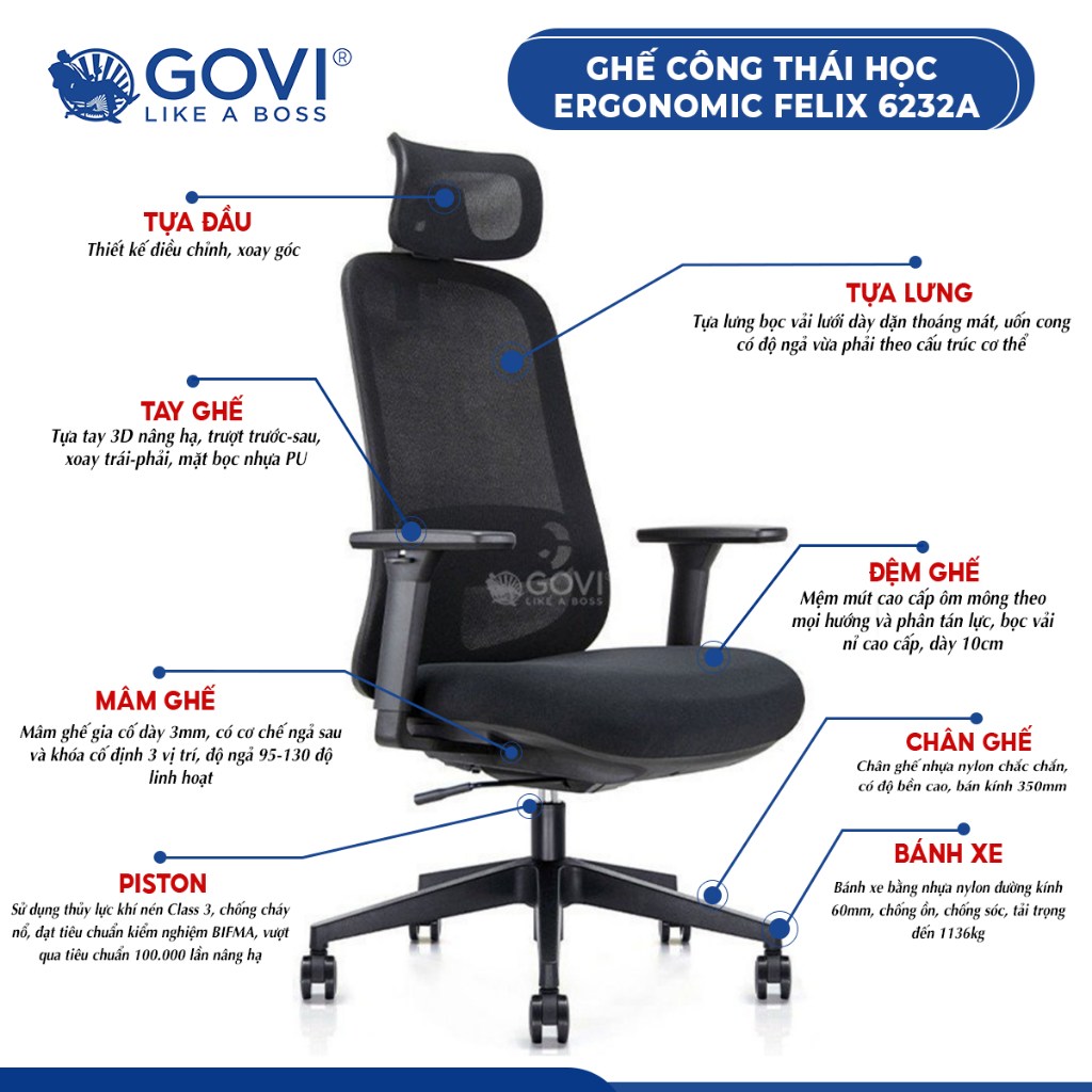 Ghế công thái học Ergonomic GOVI Felix 6232A - Tựa đầu điều chỉnh độ cao, tựa tay 3D nâng hạ, mâm ghế ngả 135 độ