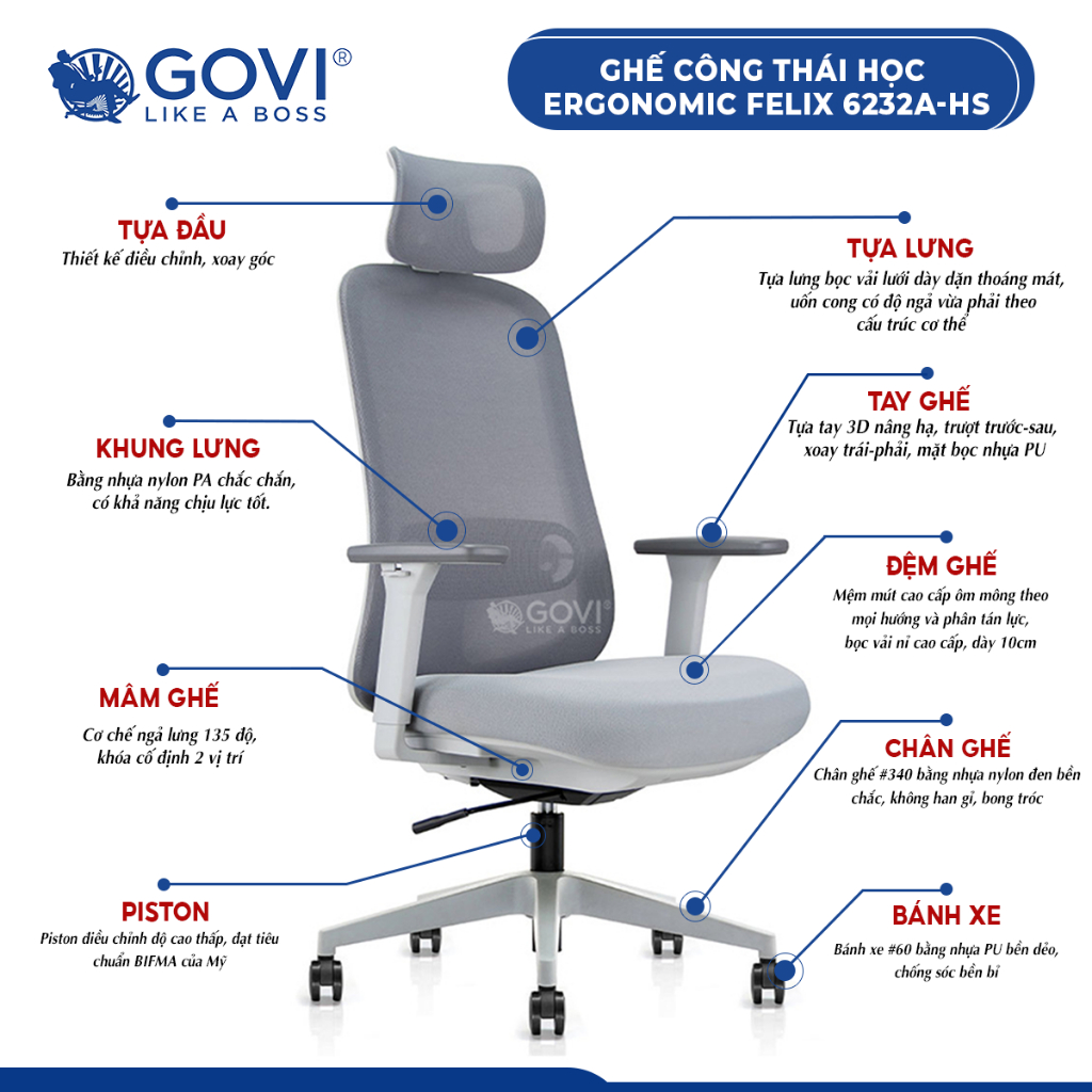 Ghế công thái học Ergonomic GOVI Felix 6232A - Tựa đầu điều chỉnh độ cao, tựa tay 3D nâng hạ, mâm ghế ngả 135 độ