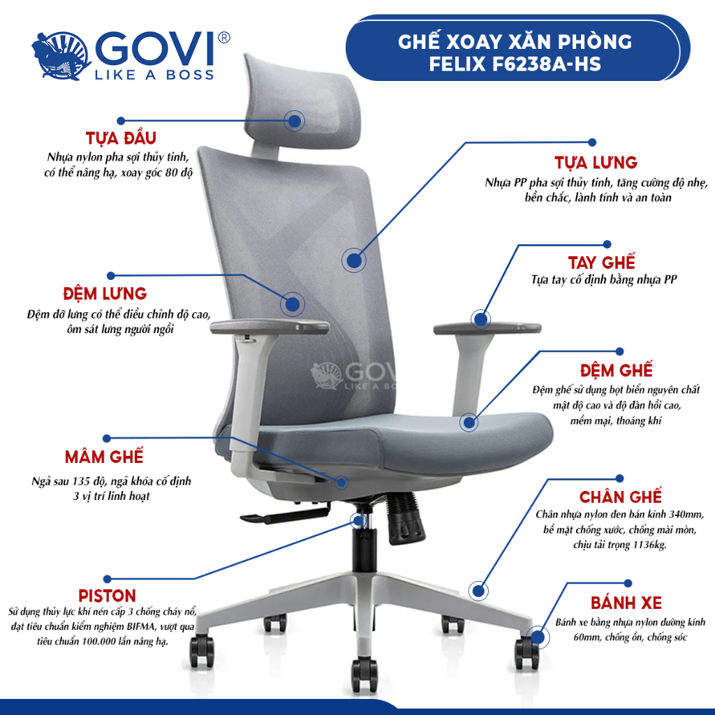 Ghế công thái học Ergonomic GOVI Felix 6232A - Tựa đầu điều chỉnh độ cao, tựa tay 3D nâng hạ, mâm ghế ngả 135 độ